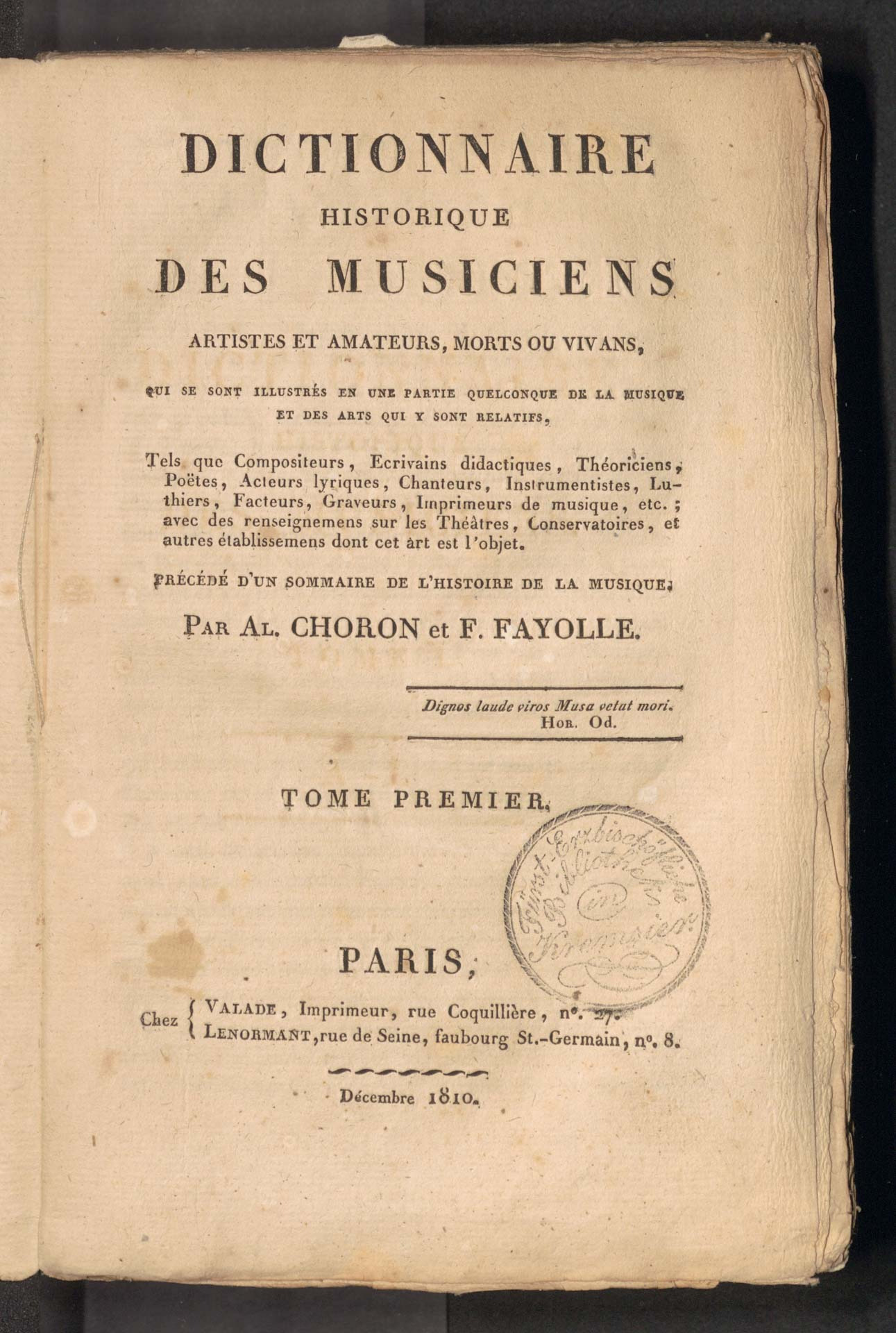 DICTIONNAIRE HISTORIQUE DES MUSICIENS, ARTISTES ET AMATEURS, MORTS OU VIVANS