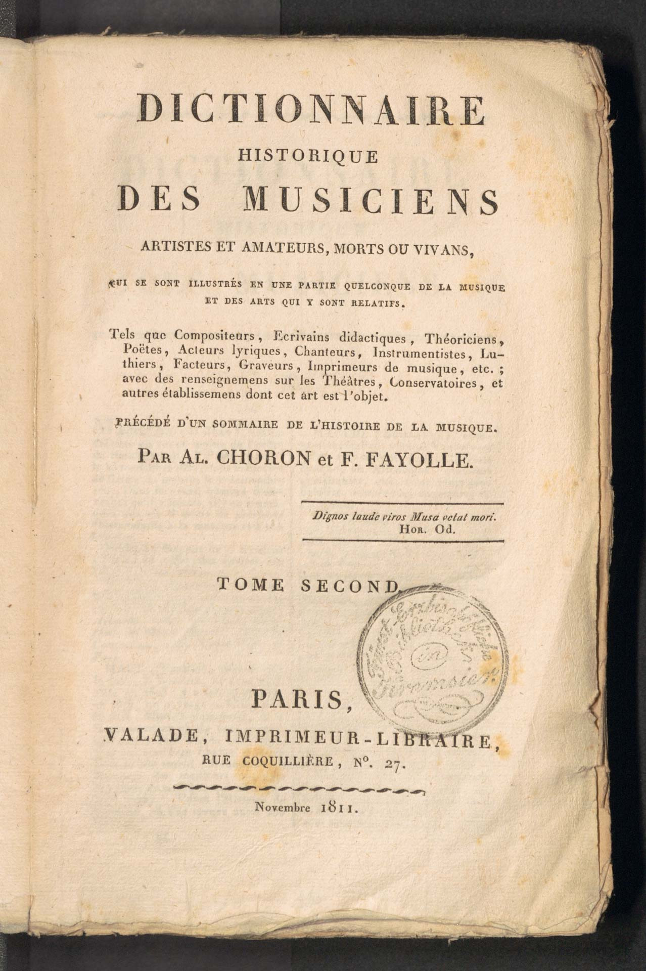 DICTIONNAIRE HISTORIQUE DES MUSICIENS, ARTISTES ET AMATEURS, MORTS OU VIVANS