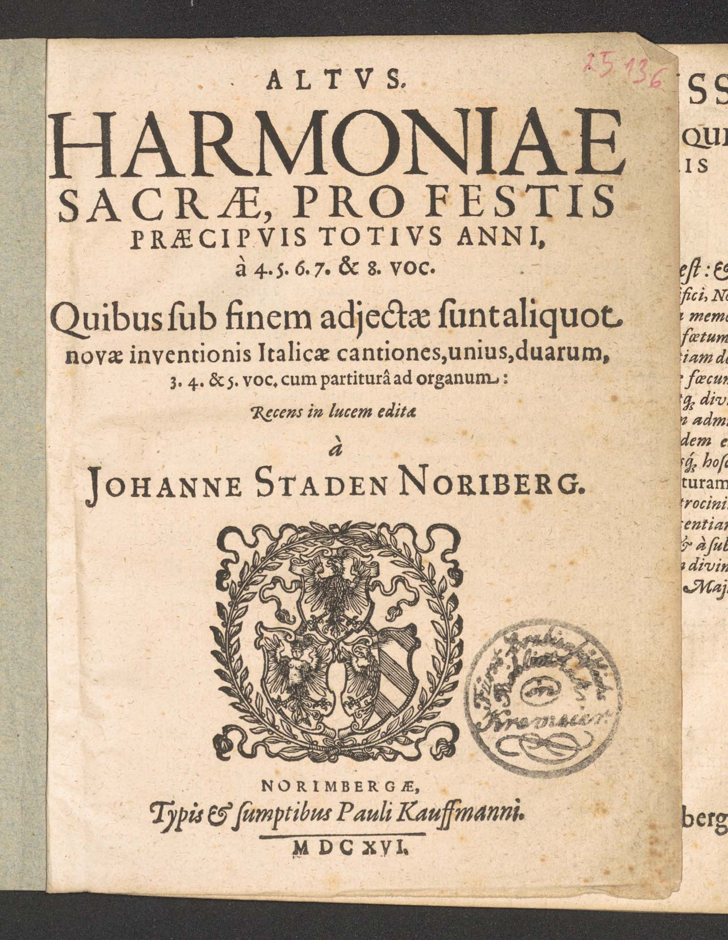 Harmoniae sacrae pro festis praecipuis totius anni, a 4, 5, 6, 7 et 8 voc.