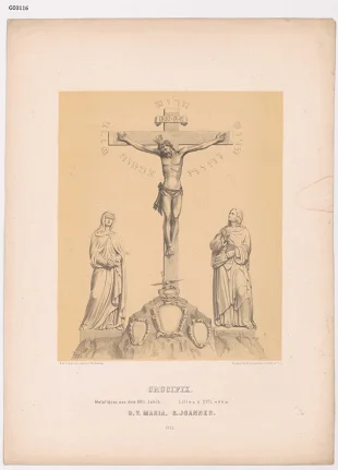 Litinový krucifix ze 17. století s postavou P. Marie a sv. Josefa