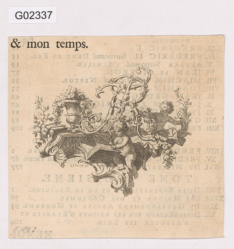 Ilustrace franc. románu, viněta s vázou, monogramem FR a píšícím andílkem