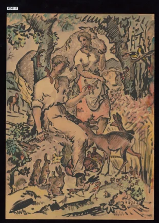 Muž a žena obklopení zvěří