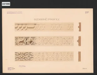 Ozdobné profily, školní kresba z odborné školy pro zpracování dřeva ve Valašském Meziříčí, třída J. K. Dirlama
