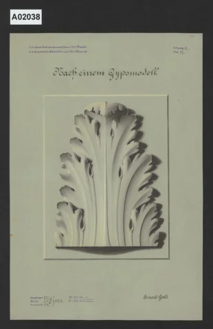Ornament, školní kresba z odborné školy pro zpracování dřeva ve Valašském Meziřící, třída J. K. Dirlama
