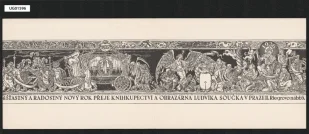 novoročenka 1936; Šťastný a radostný nový rok přeje knihkupectví a obrazárna Ludvíka Součka v Praze II, Riegrovo nábřeží 6