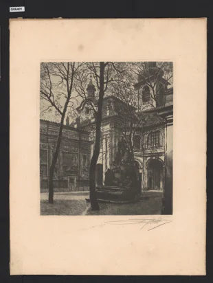 (Kašna na dvoře s barokní architekturou)