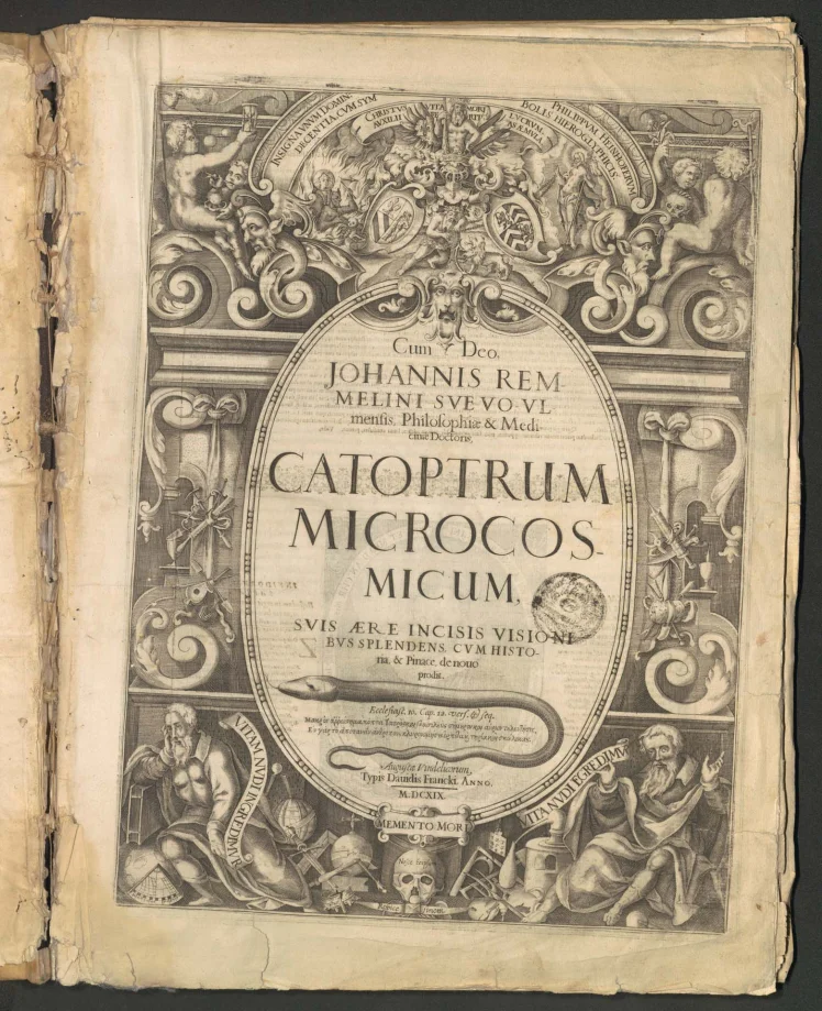 Cum Deo, JOHANNIS REMMELINI SVEVO VLmensis, Philosophiae & Medicinae Doctoris, CATOPTRUM MICROCOSMICUM, SVIS AERE INCISIS VISIONIBUS SPLENDENS, CVM HISTOria & Pinace, de nouo prodit