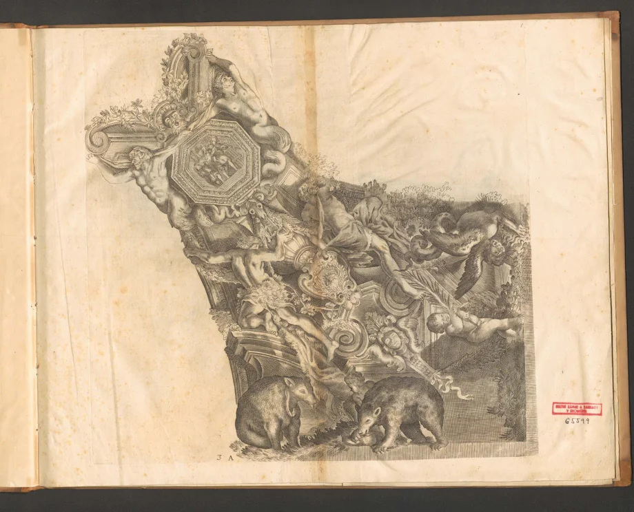 [BARBERINAE AVLAE FORNIX ROMAE EQ. PETRI BERETTINI CORTONENSIS PICTVRIS ADMIRANDVS CVIVS SPIRANTES IMAGINES ET MONOCROMATA IN HISCE DELINEAMENTIS AD SIMILITVDINEM ADVMBRATA VRBANI VIII. PONTIFICIS MAXIMI VIRTVTES EXPRIMVNT] 