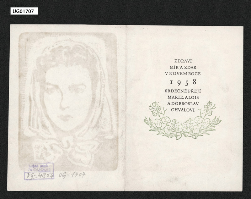 novoročenka 1958, dvojlist; Zdraví... přejí Marie, Alois a Dobroslav Chválovi